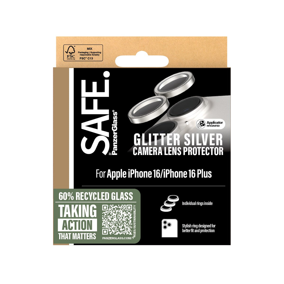 SAFE. by PanzerGlass® Kameralinsebeskytter Glitter Sølv iPhone 16 | 16 Plus